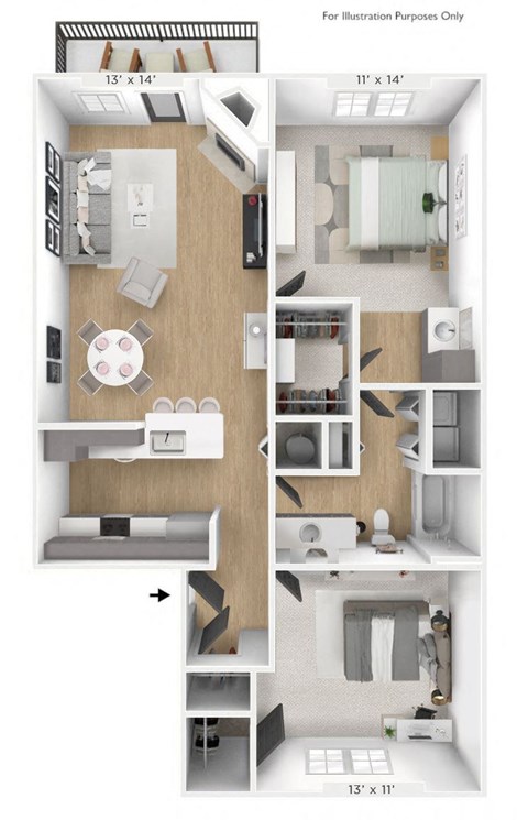 2 bedroom 1 bathroom Floor plan B at Latitudes Apartments, Indiana, 46237